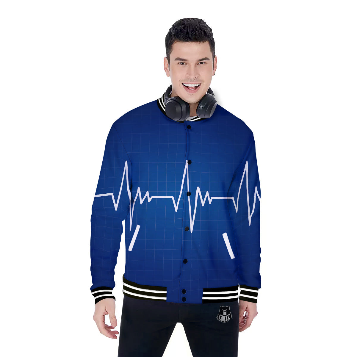 Heartbeat Blue Print Baseball Jacket-grizzshop