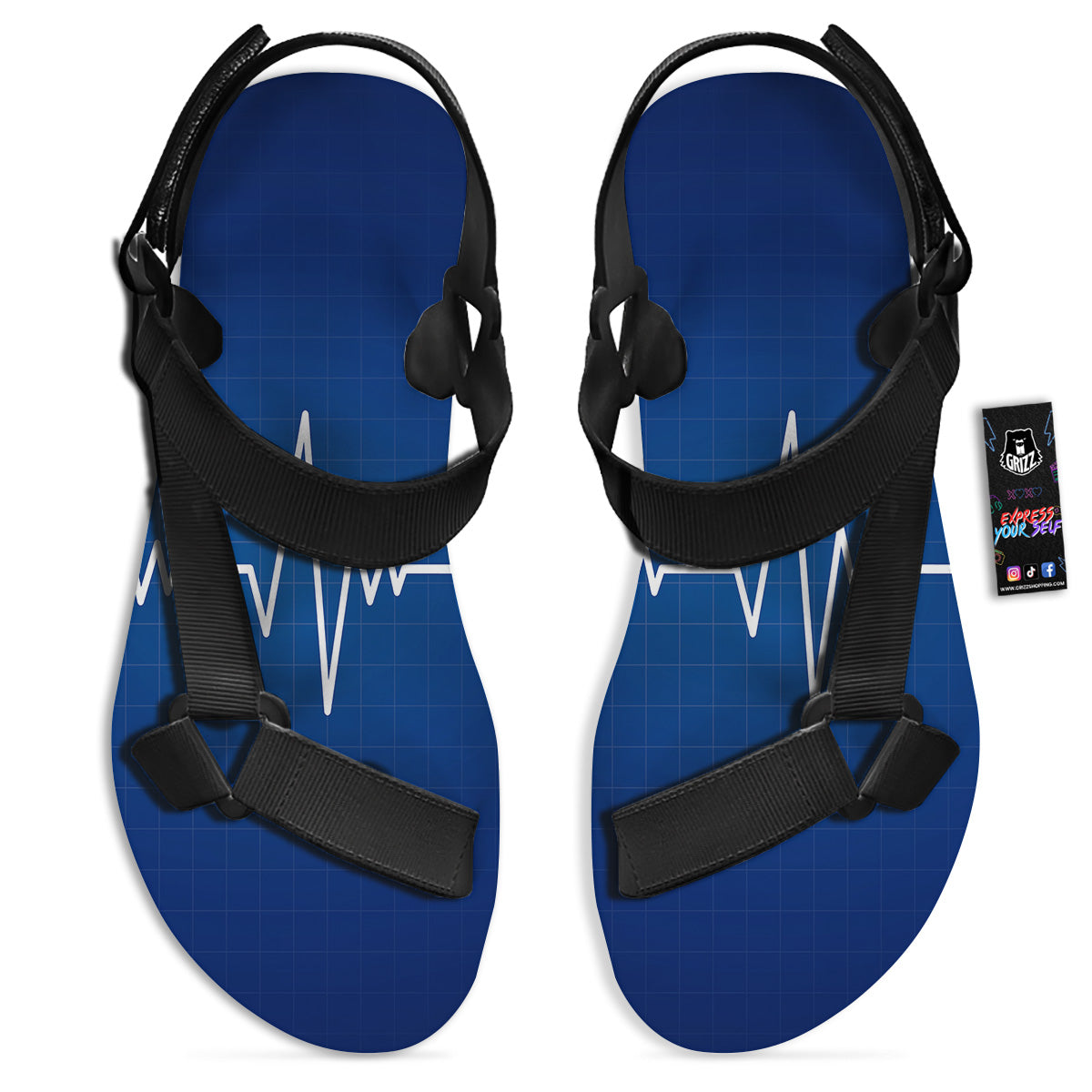Heartbeat Blue Print Black Open Toe Sandals-grizzshop
