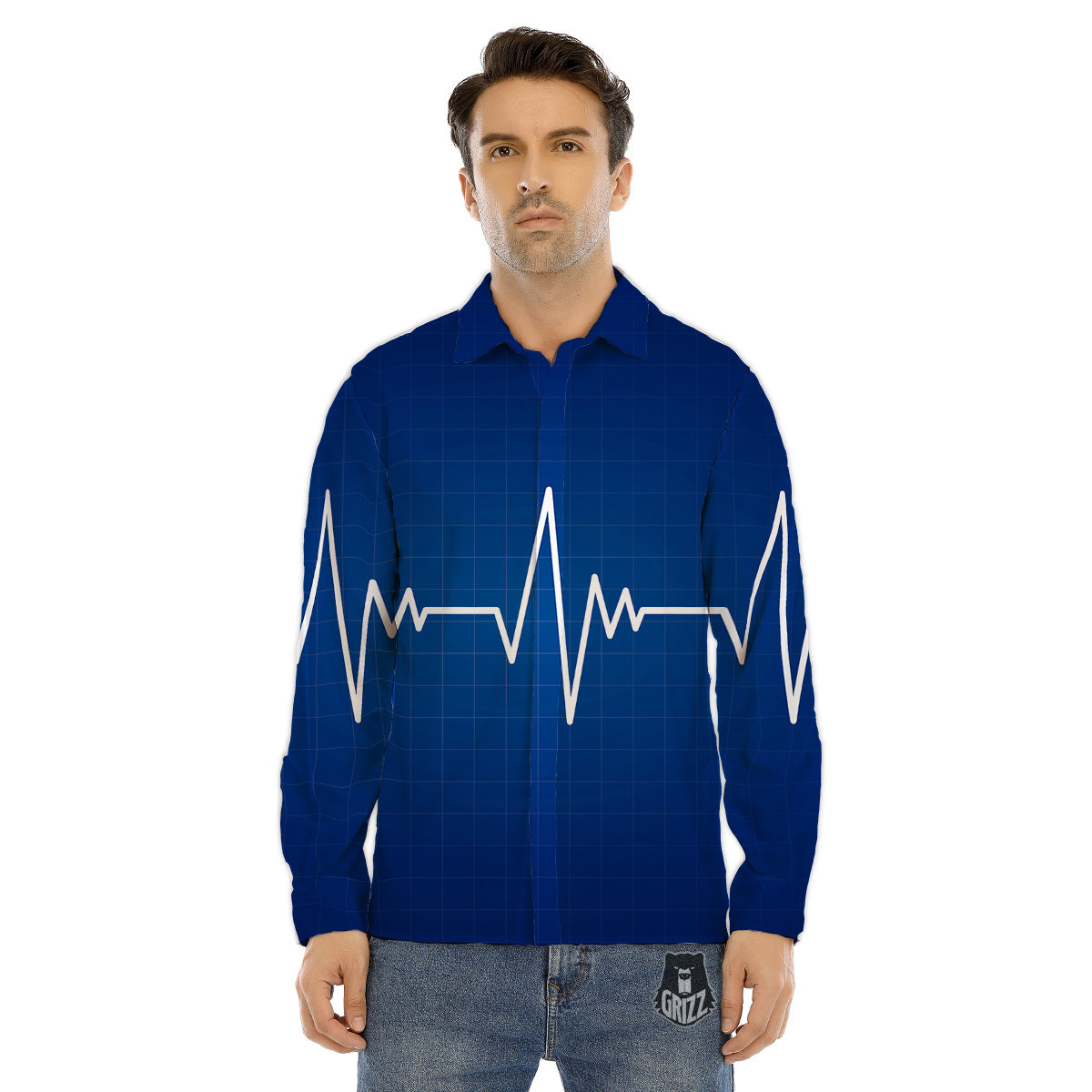Heartbeat Blue Print Men's Dress Shirts-grizzshop