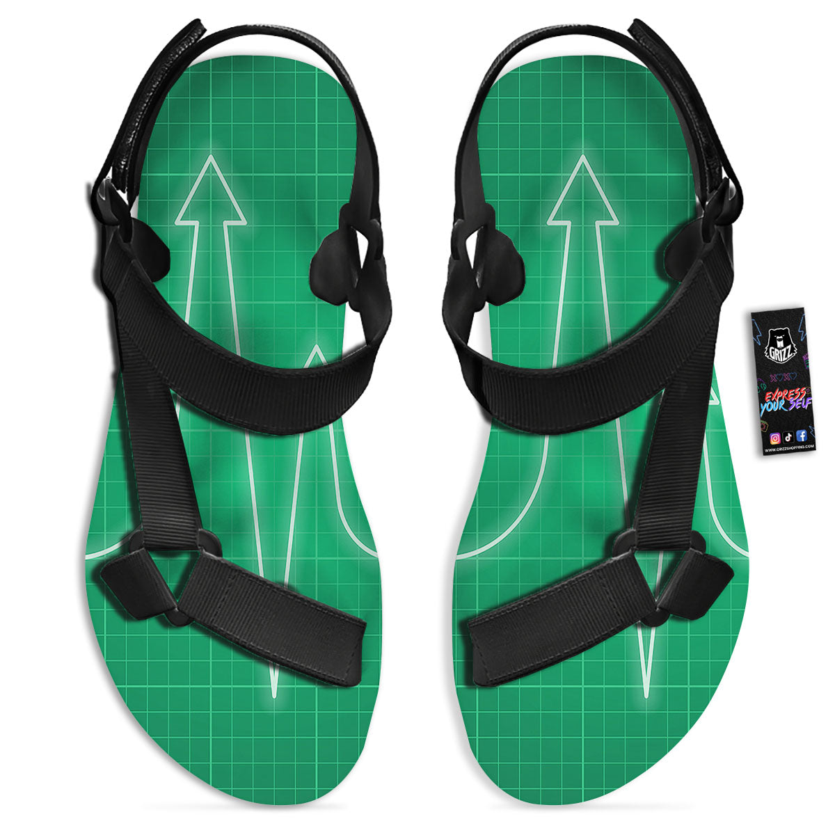 Heartbeat Green Print Black Open Toe Sandals-grizzshop