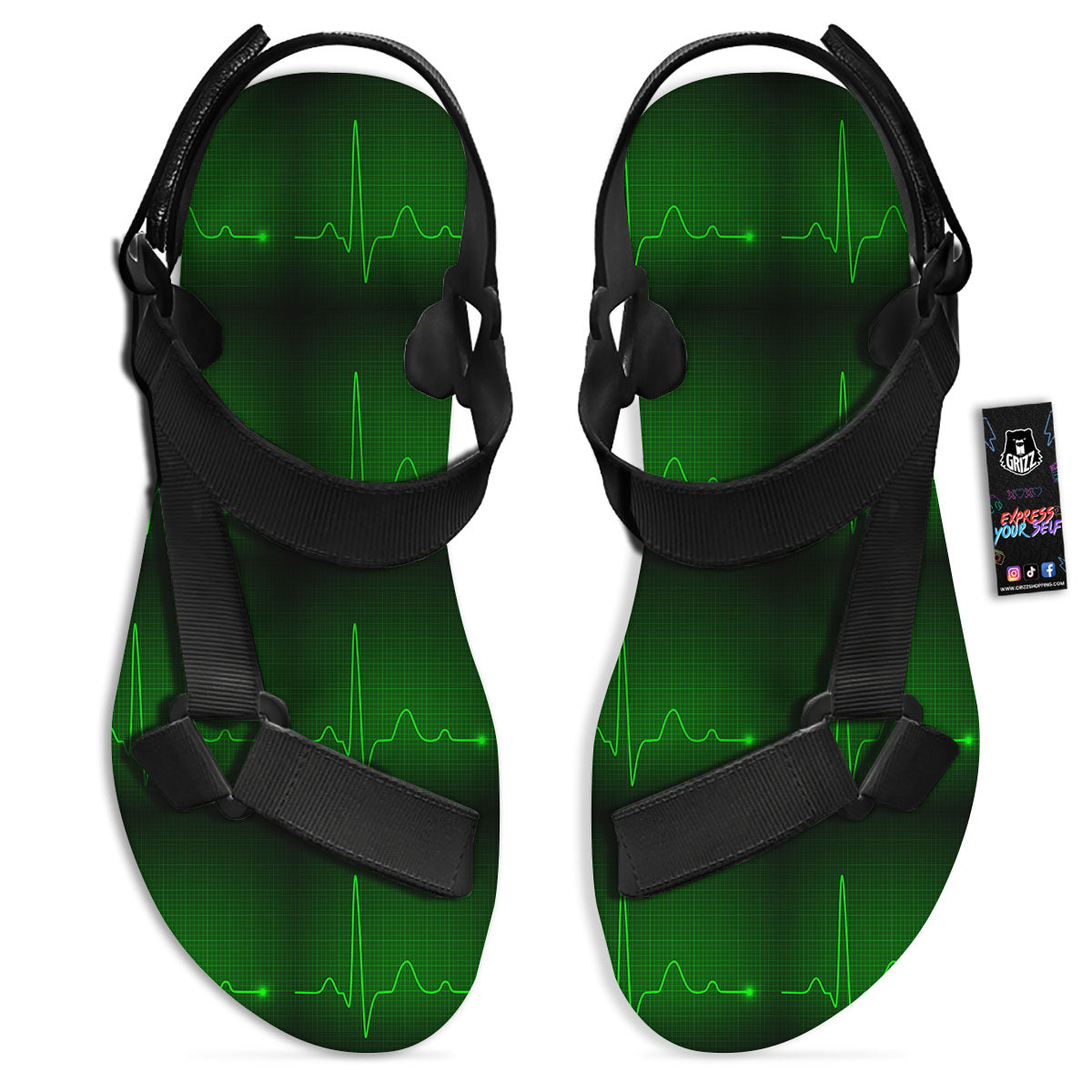 Heartbeat Green Print Pattern Black Open Toe Sandals-grizzshop