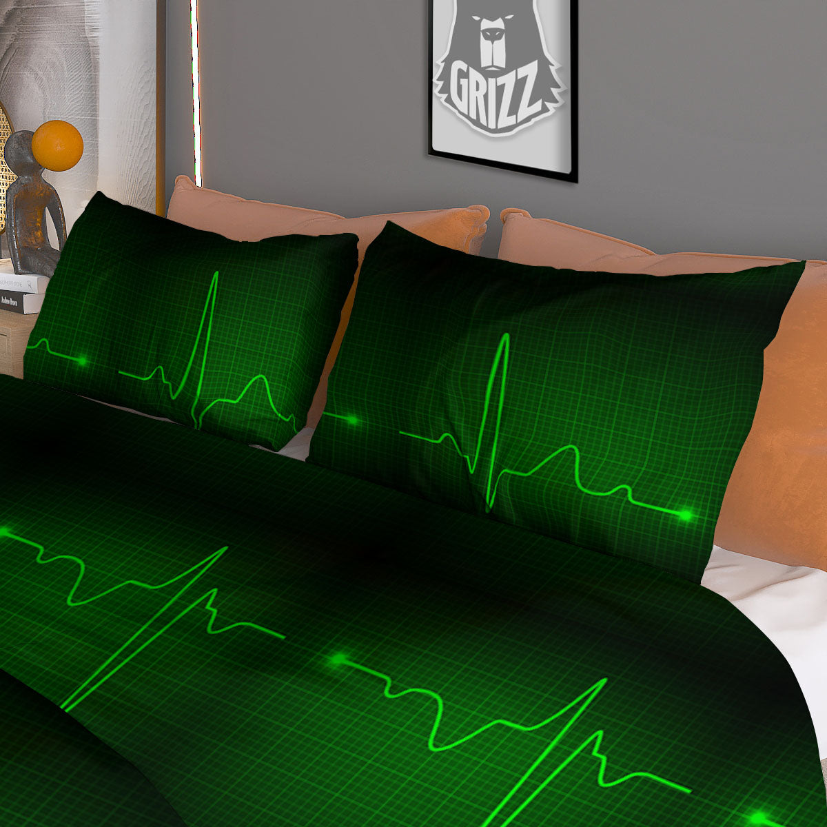 Heartbeat Green Print Pattern Duvet Cover Bedding Set