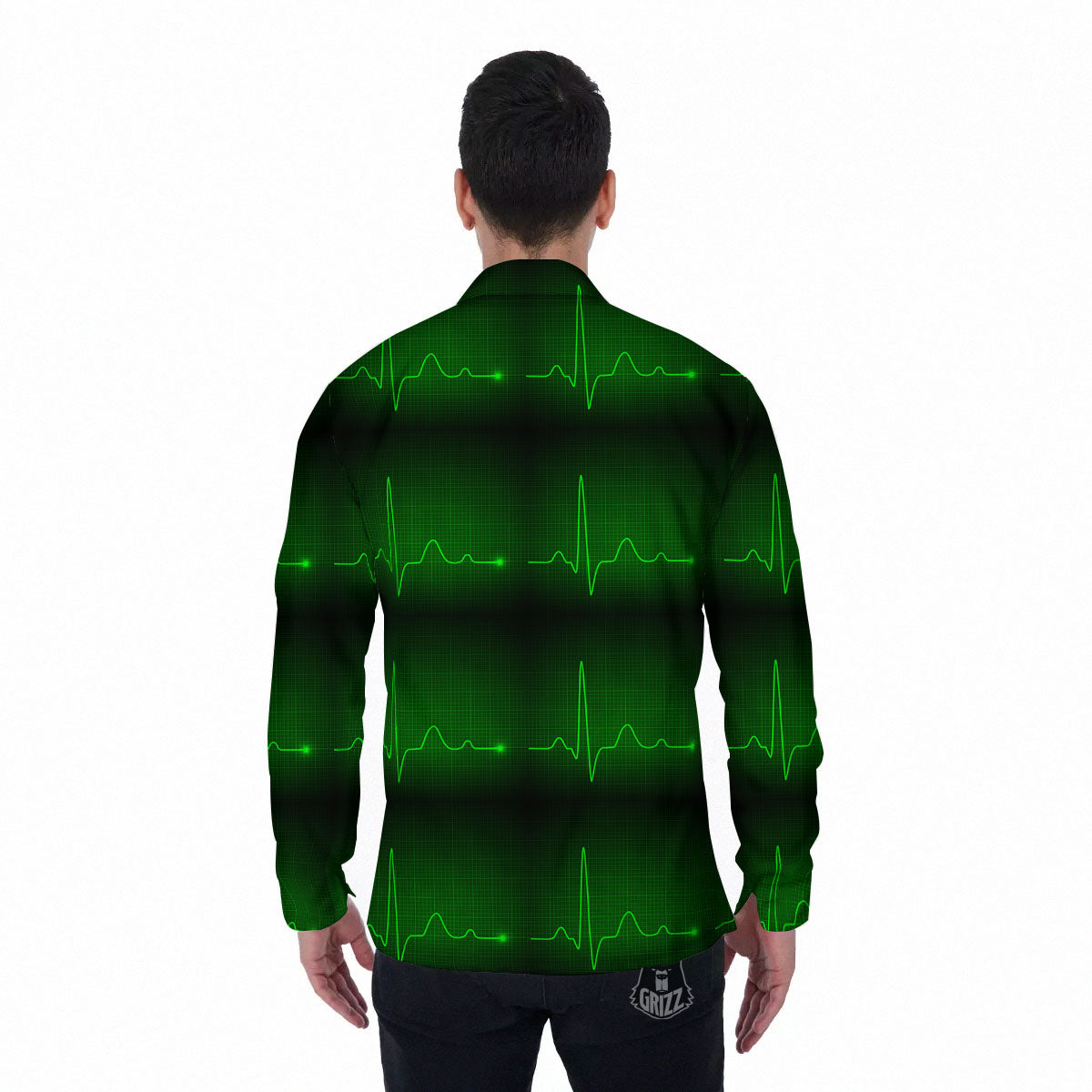 Heartbeat Green Print Pattern Men's Long Sleeve Shirts-grizzshop