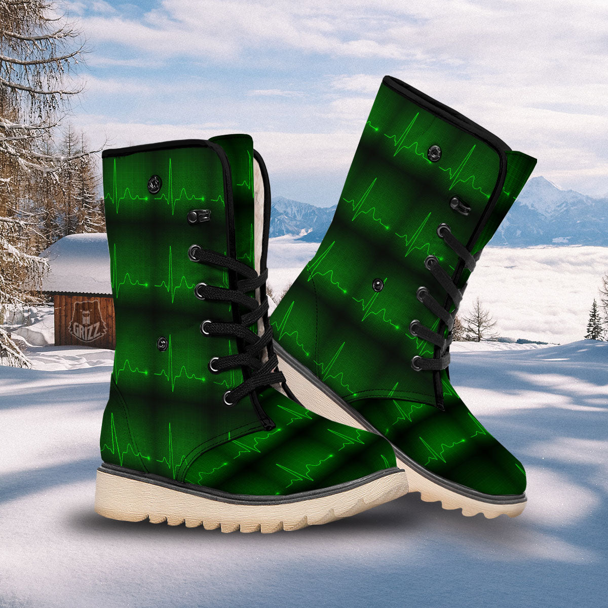 Heartbeat Green Print Pattern Snow Boots-grizzshop