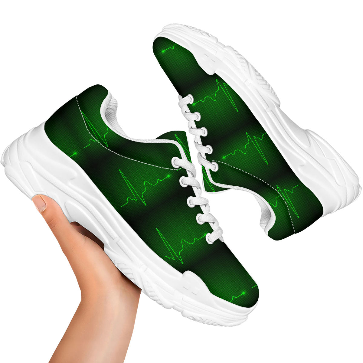 Heartbeat Green Print Pattern White Chunky Shoes-grizzshop