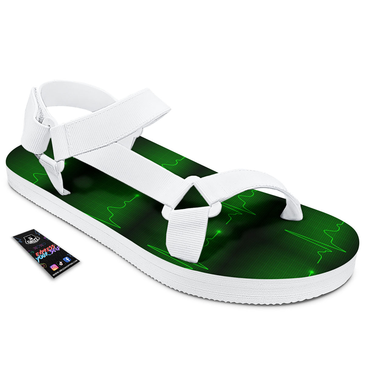 Heartbeat Green Print Pattern White Open Toe Sandals-grizzshop