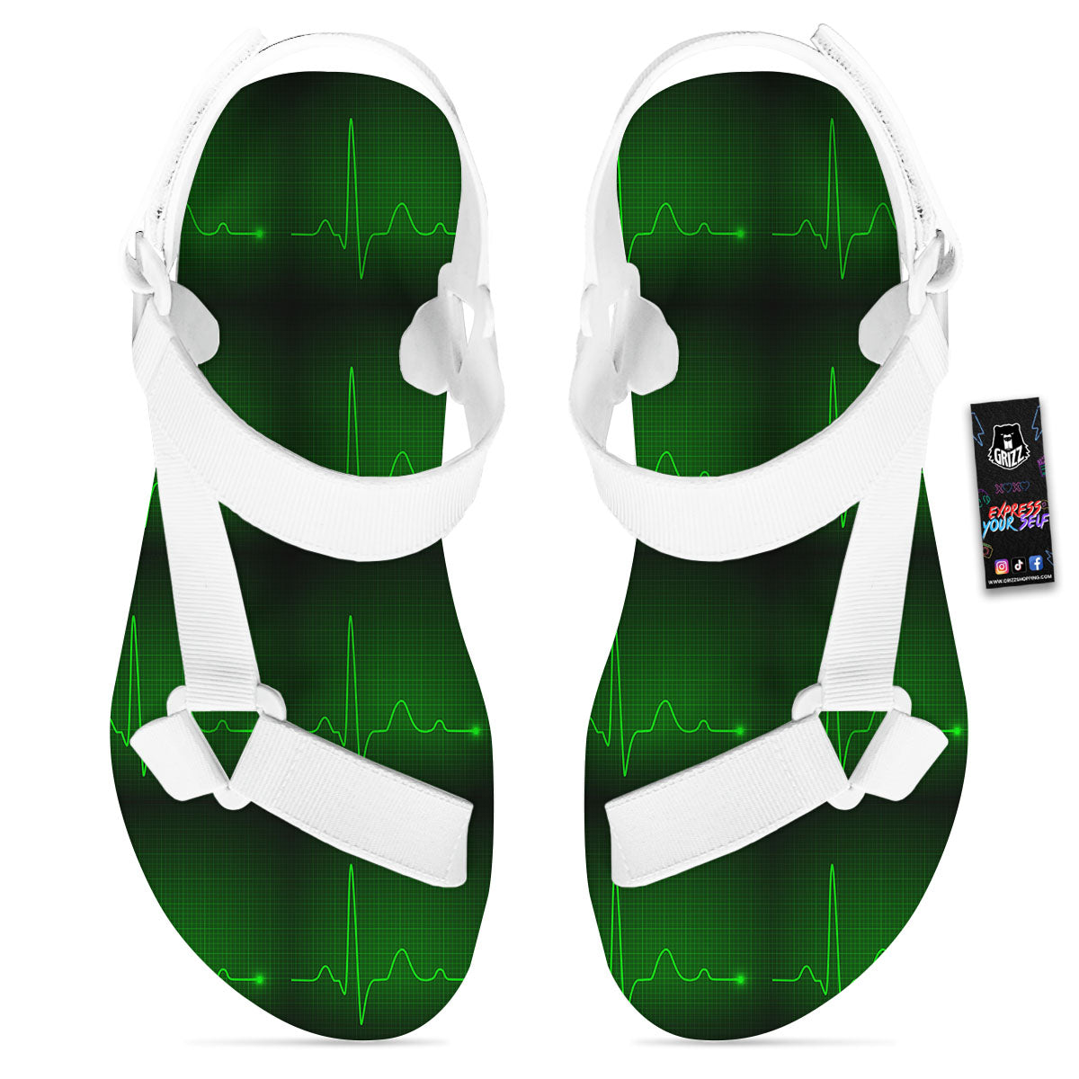 Heartbeat Green Print Pattern White Open Toe Sandals-grizzshop