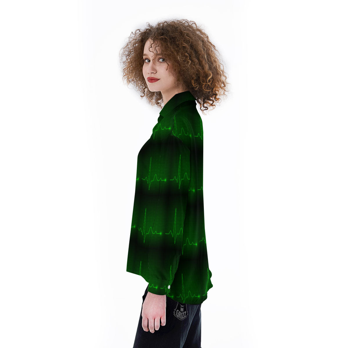 Heartbeat Green Print Pattern Women's Long Sleeve Shirts-grizzshop