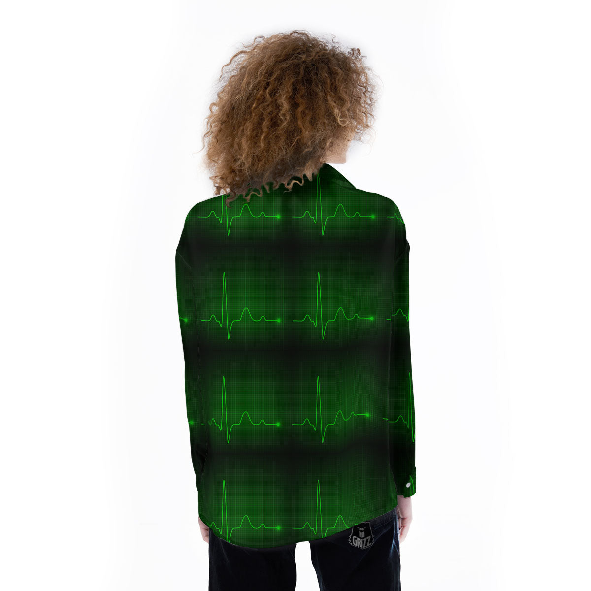 Heartbeat Green Print Pattern Women's Long Sleeve Shirts-grizzshop