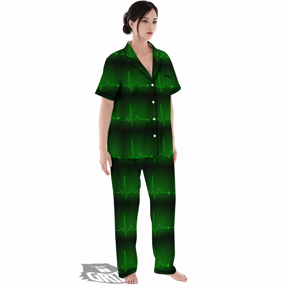 Heartbeat Green Print Pattern Women's Pajamas Set-grizzshop