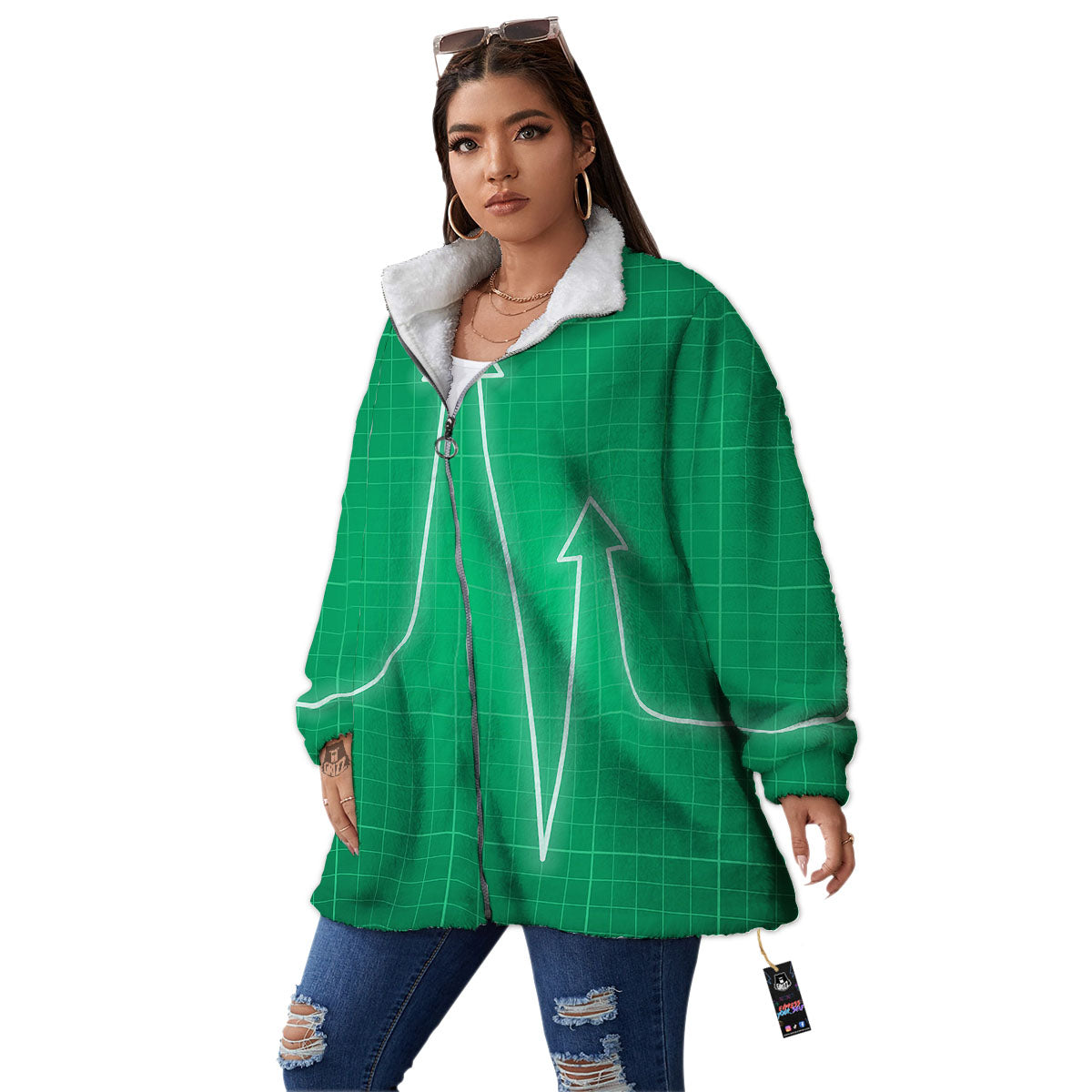 Heartbeat Green Print Women's Sherpa Jacket-grizzshop
