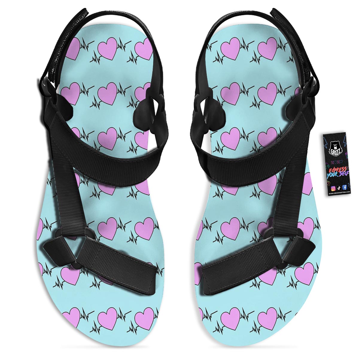 Heartbeat Pink Print Pattern Black Open Toe Sandals-grizzshop