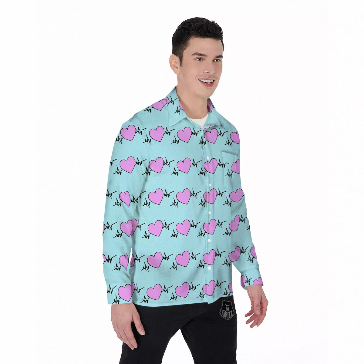 Heartbeat Pink Print Pattern Men's Long Sleeve Shirts-grizzshop