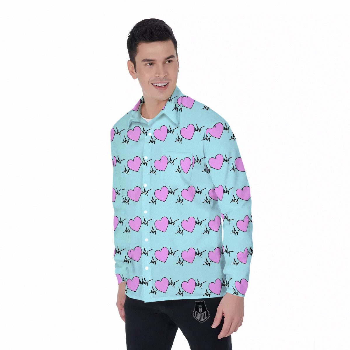 Heartbeat Pink Print Pattern Men's Long Sleeve Shirts-grizzshop