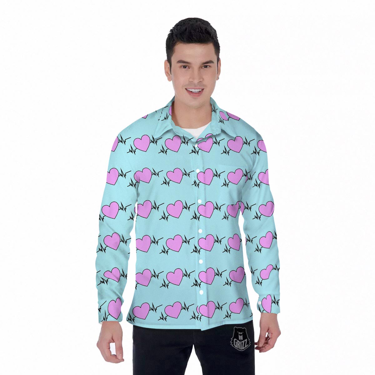 Heartbeat Pink Print Pattern Men's Long Sleeve Shirts-grizzshop