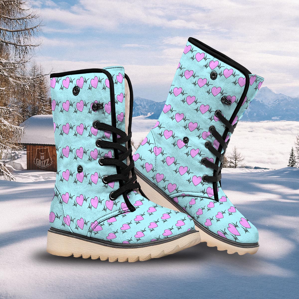 Heartbeat Pink Print Pattern Snow Boots-grizzshop