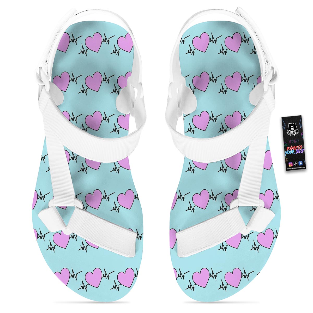 Heartbeat Pink Print Pattern White Open Toe Sandals-grizzshop