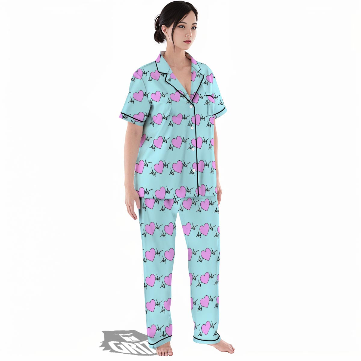 Heartbeat Pink Print Pattern Women's Pajamas Set-grizzshop