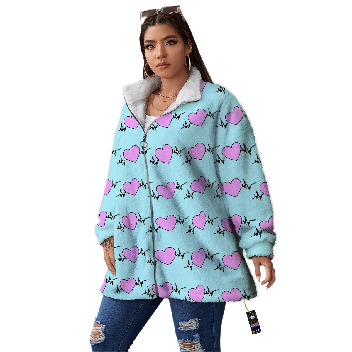Heartbeat Pink Print Pattern Women's Sherpa Jacket-grizzshop