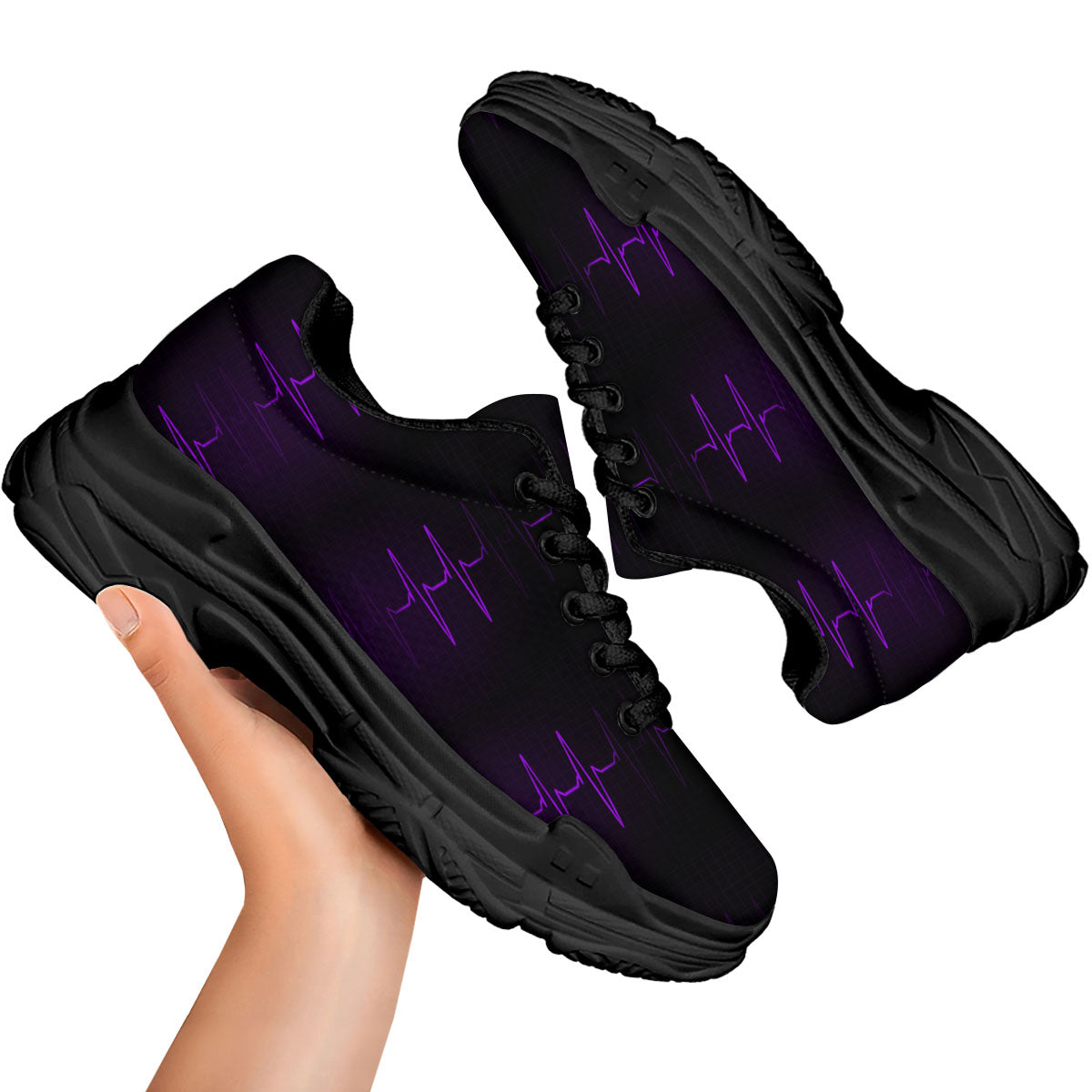 Heartbeat Purple Print Pattern Black Chunky Shoes-grizzshop