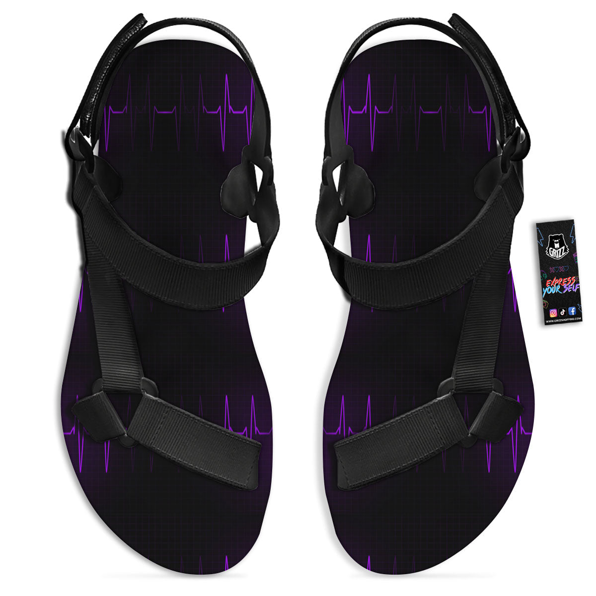 Heartbeat Purple Print Pattern Black Open Toe Sandals-grizzshop