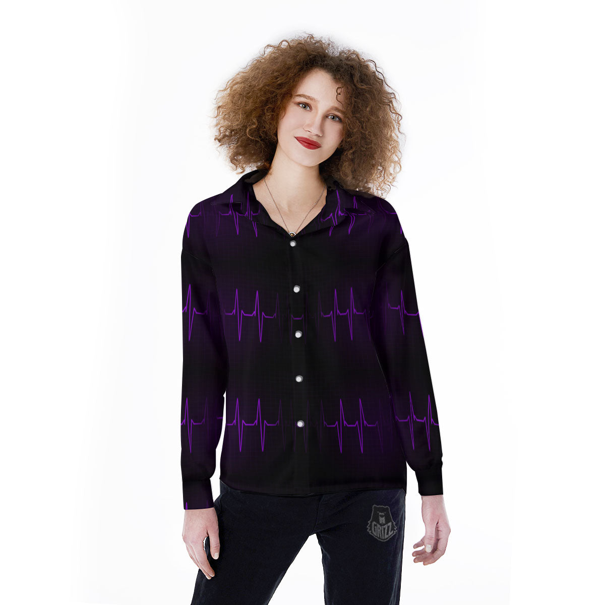 Heartbeat Purple Print Pattern Women's Long Sleeve Shirts-grizzshop