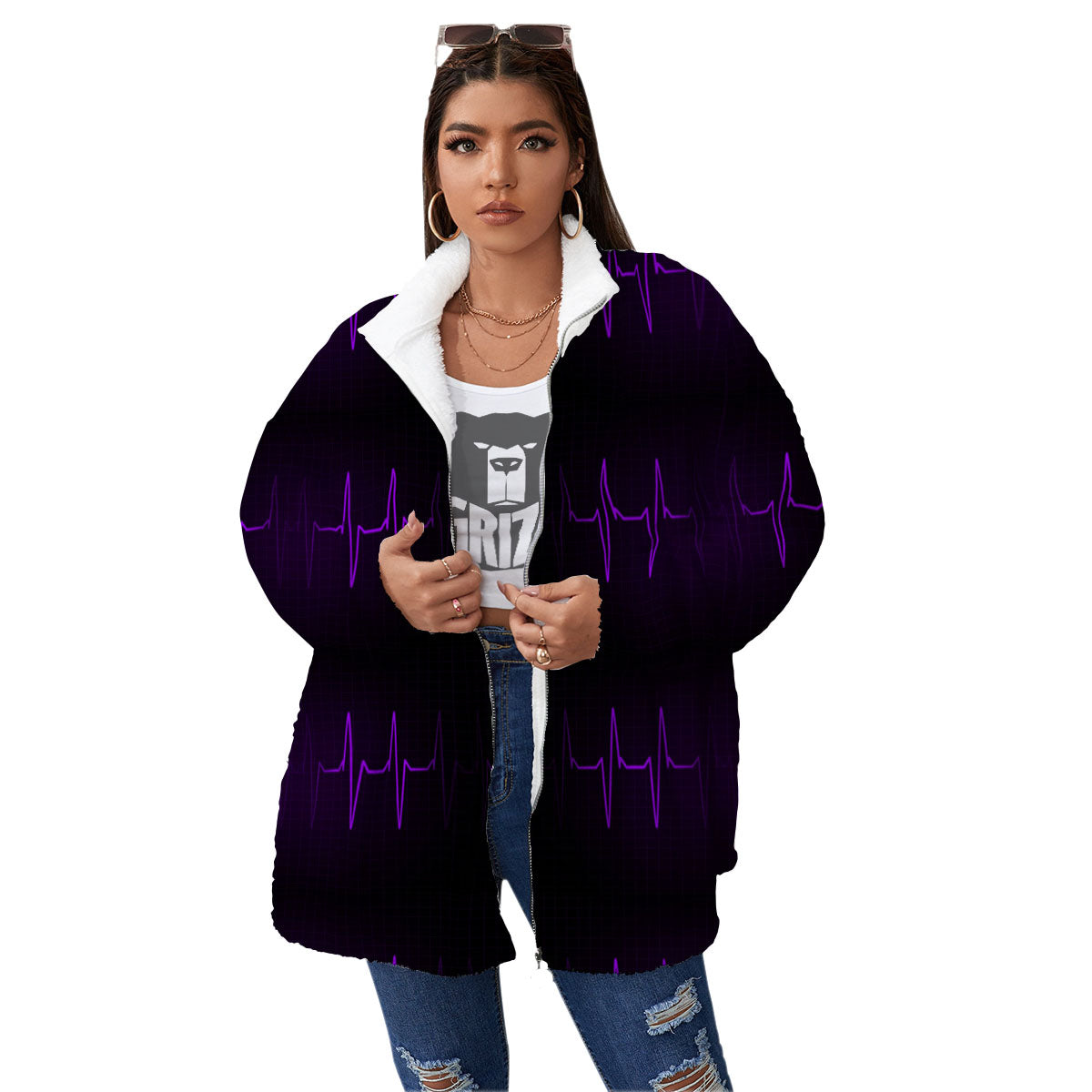 Heartbeat Purple Print Pattern Women's Sherpa Jacket-grizzshop