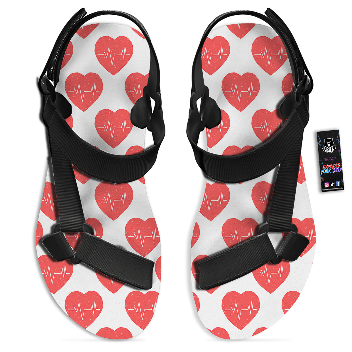 Heartbeat Red Print Pattern Black Open Toe Sandals-grizzshop