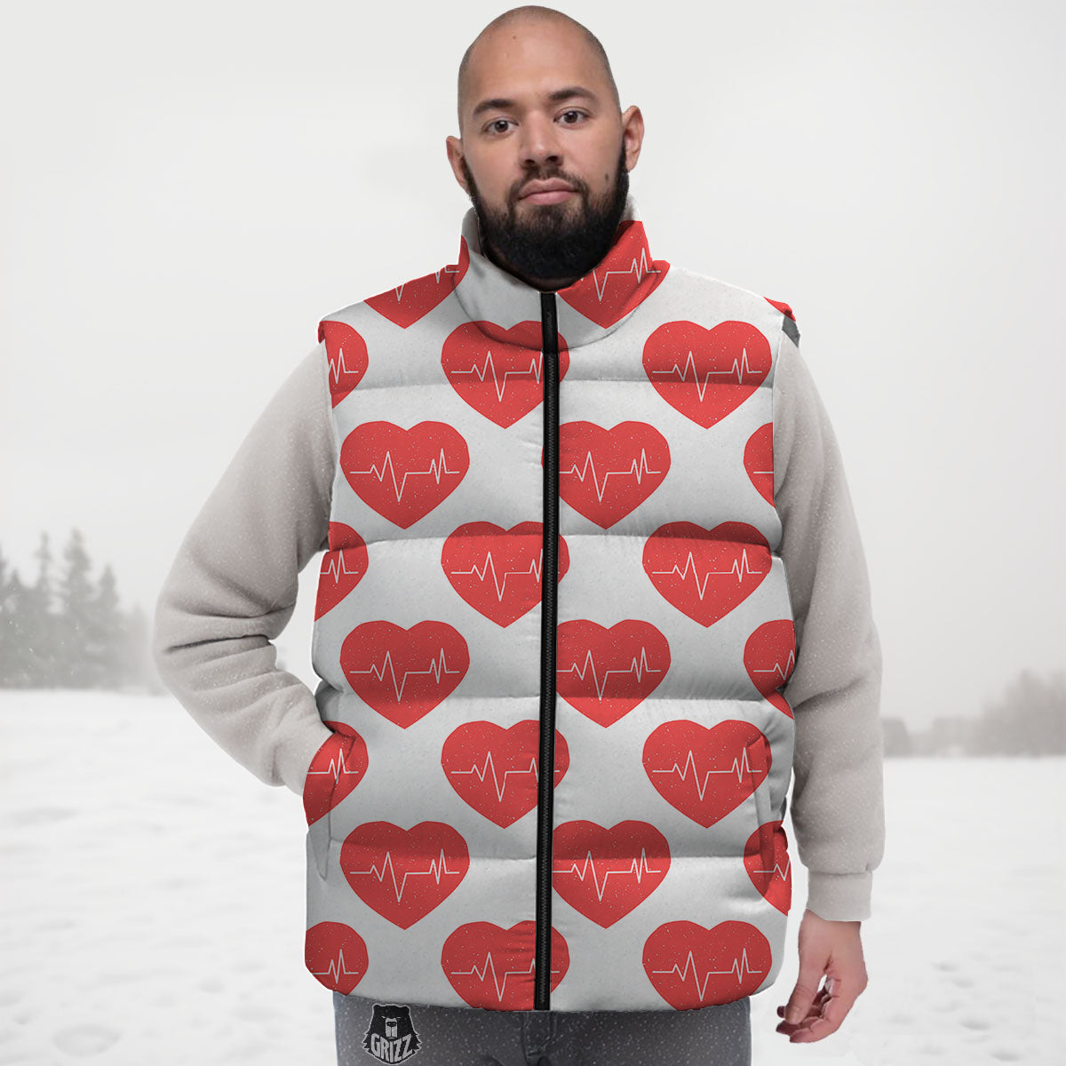 Heartbeat Red Print Pattern Down Vest-grizzshop