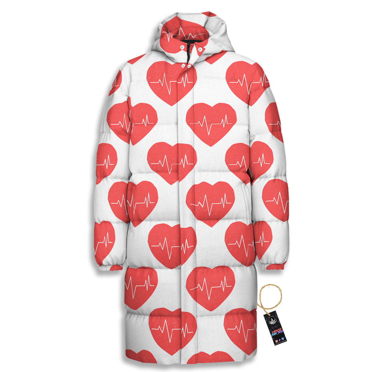 Heartbeat Red Print Pattern Long Down Jacket-grizzshop