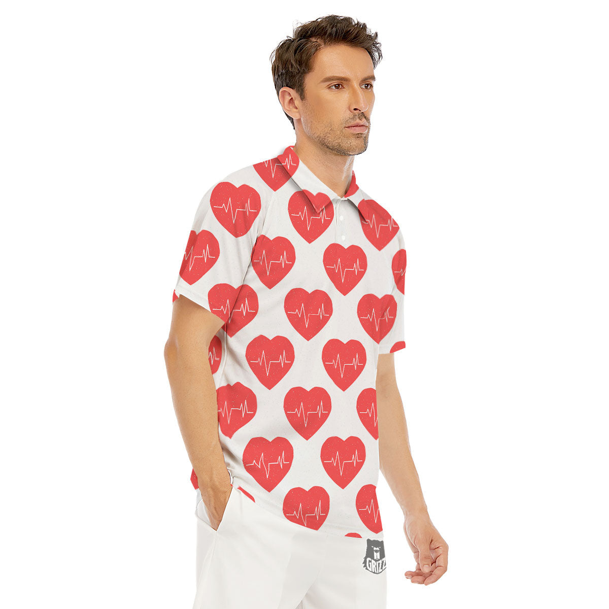 Heartbeat Red Print Pattern Men's Golf Shirts-grizzshop