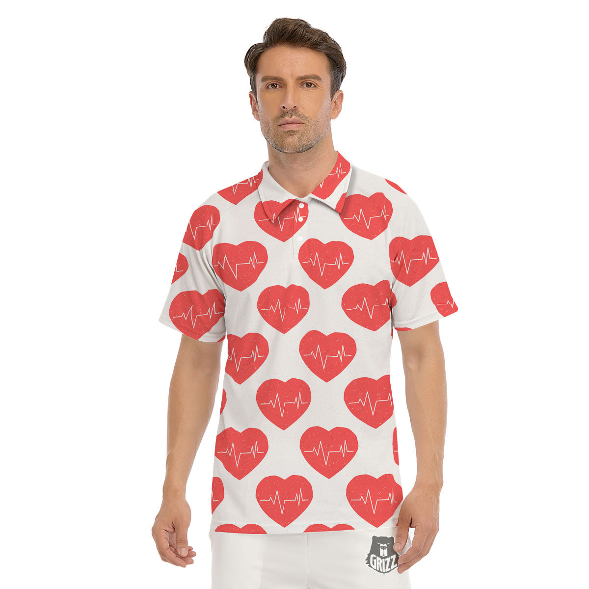 Heartbeat Red Print Pattern Men's Golf Shirts-grizzshop