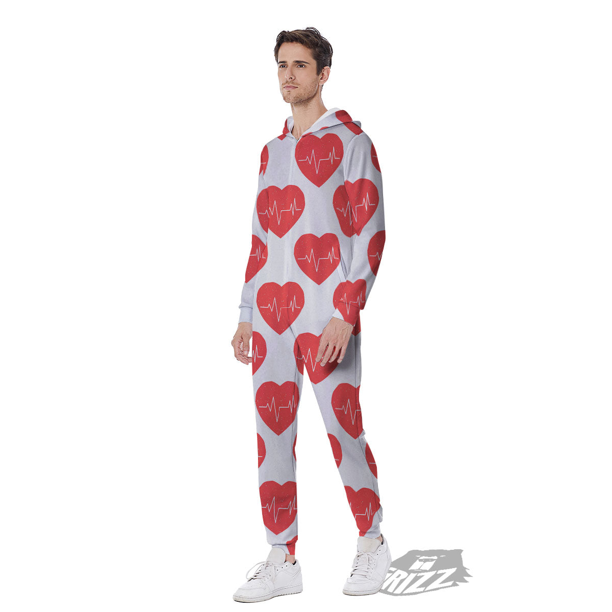 Heartbeat Red Print Pattern Men's Jumpsuit-grizzshop