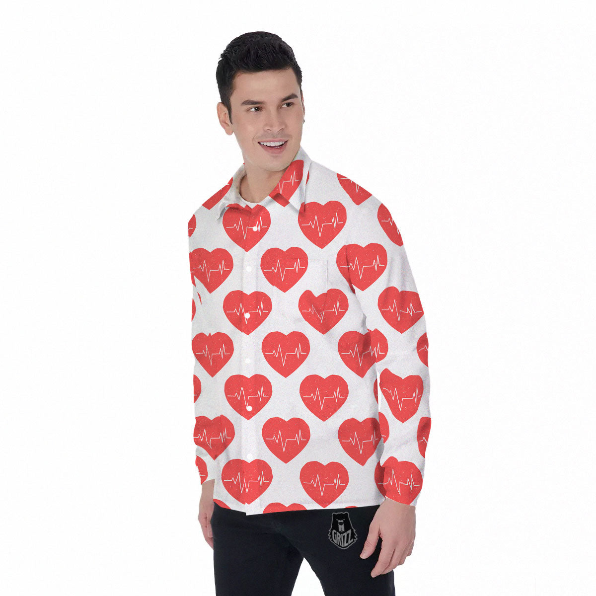 Heartbeat Red Print Pattern Men's Long Sleeve Shirts-grizzshop