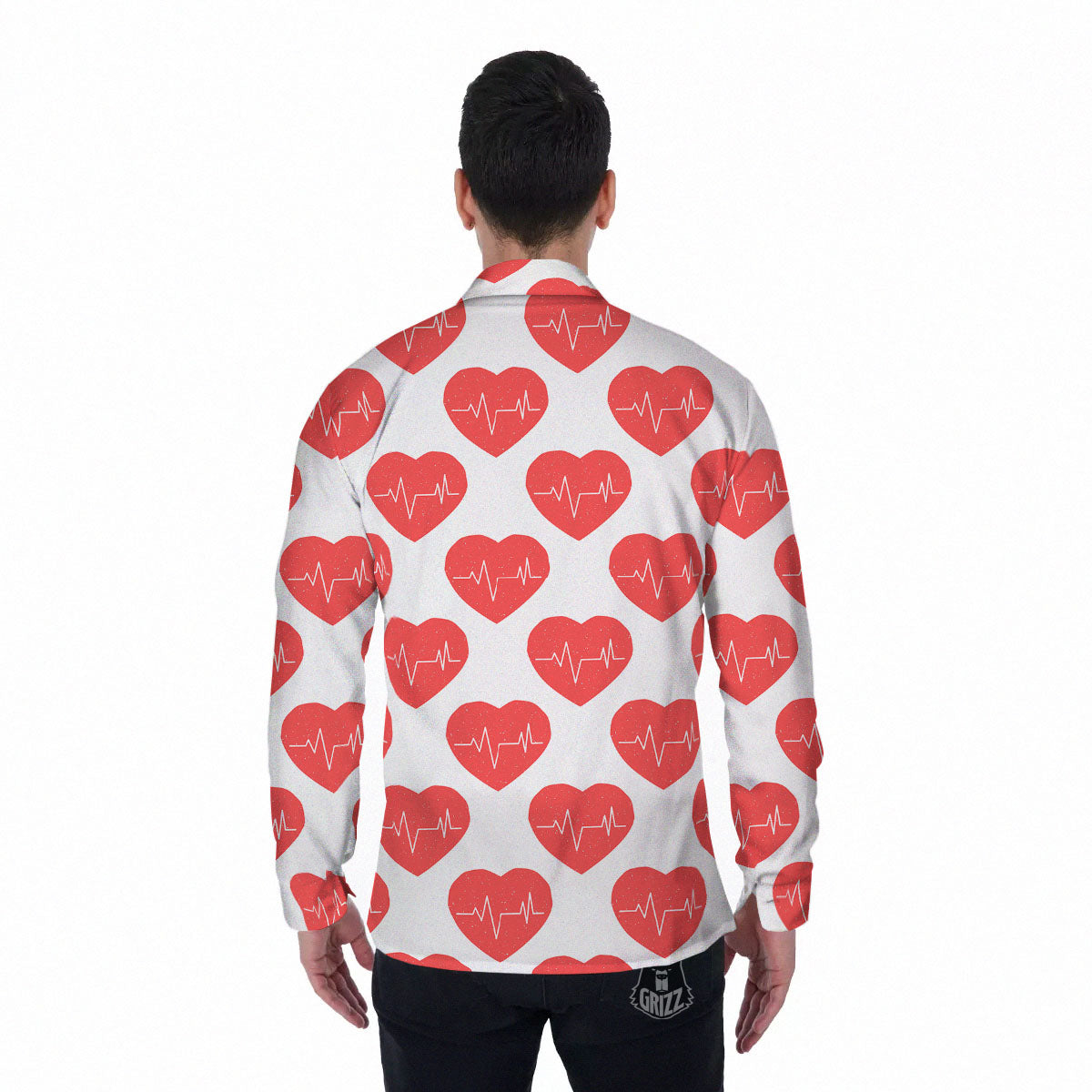 Heartbeat Red Print Pattern Men's Long Sleeve Shirts-grizzshop