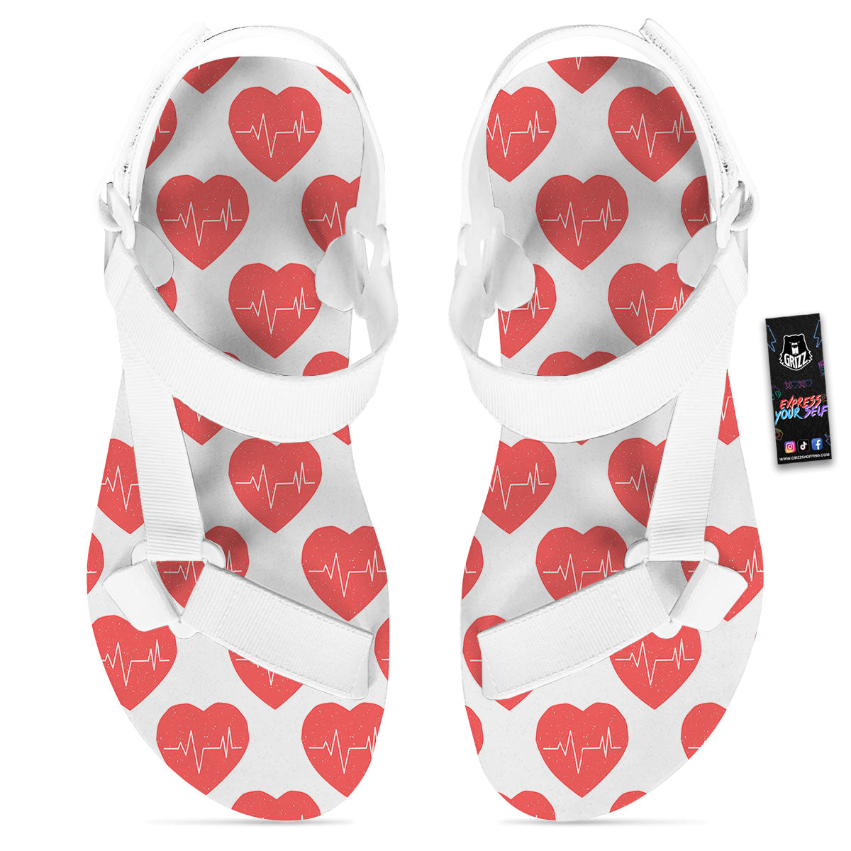 Heartbeat Red Print Pattern White Open Toe Sandals-grizzshop