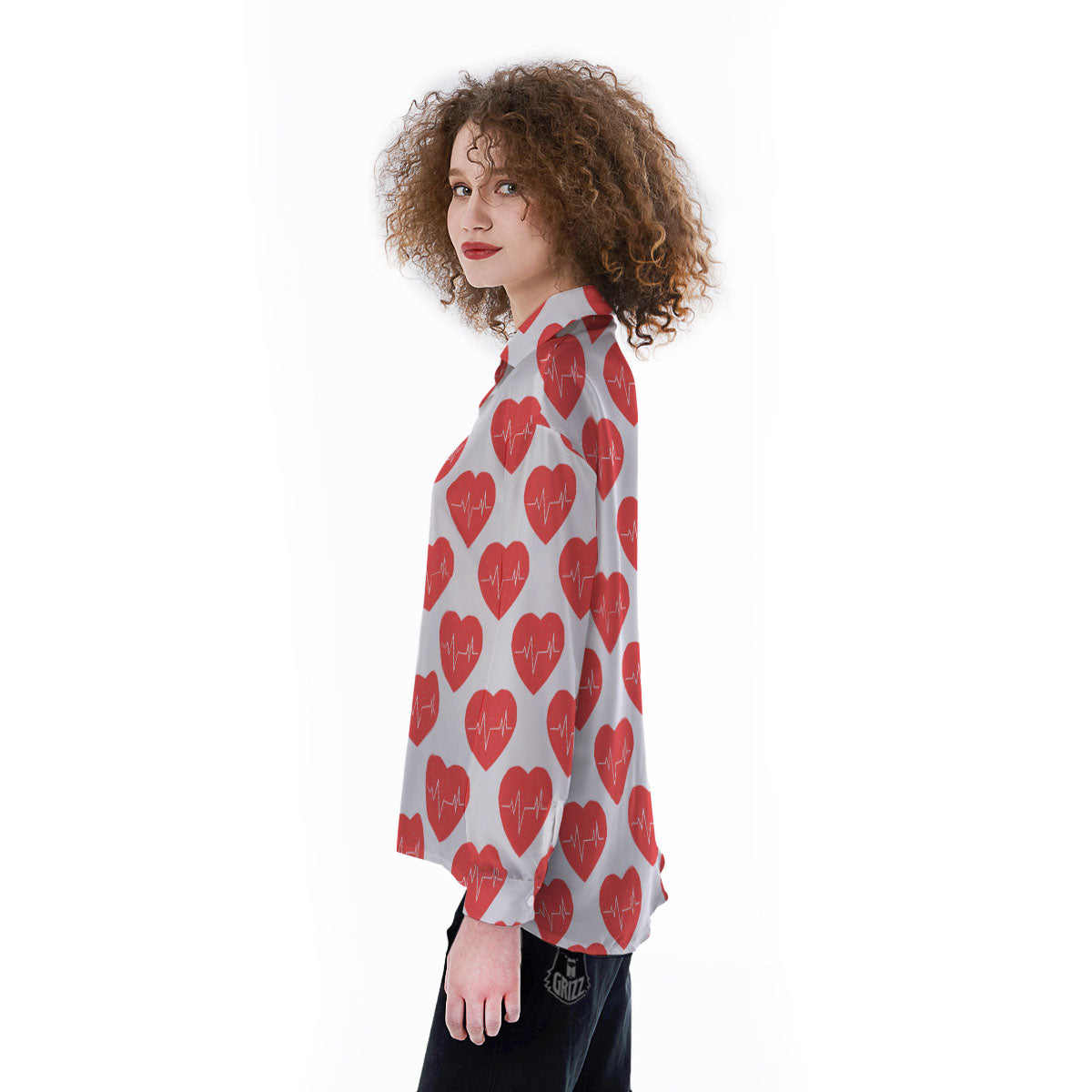 Heartbeat Red Print Pattern Women's Long Sleeve Shirts-grizzshop