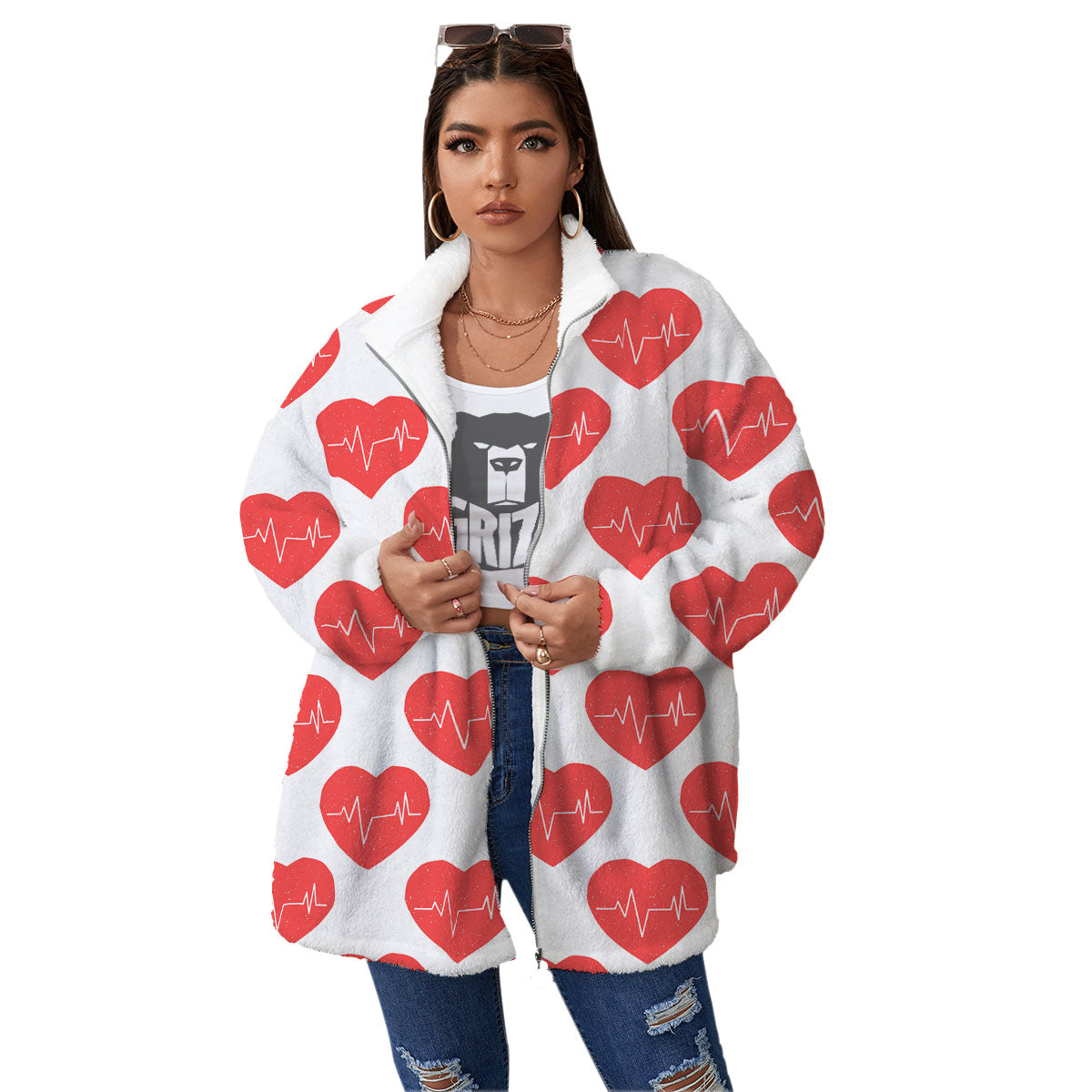 Heartbeat Red Print Pattern Women's Sherpa Jacket-grizzshop