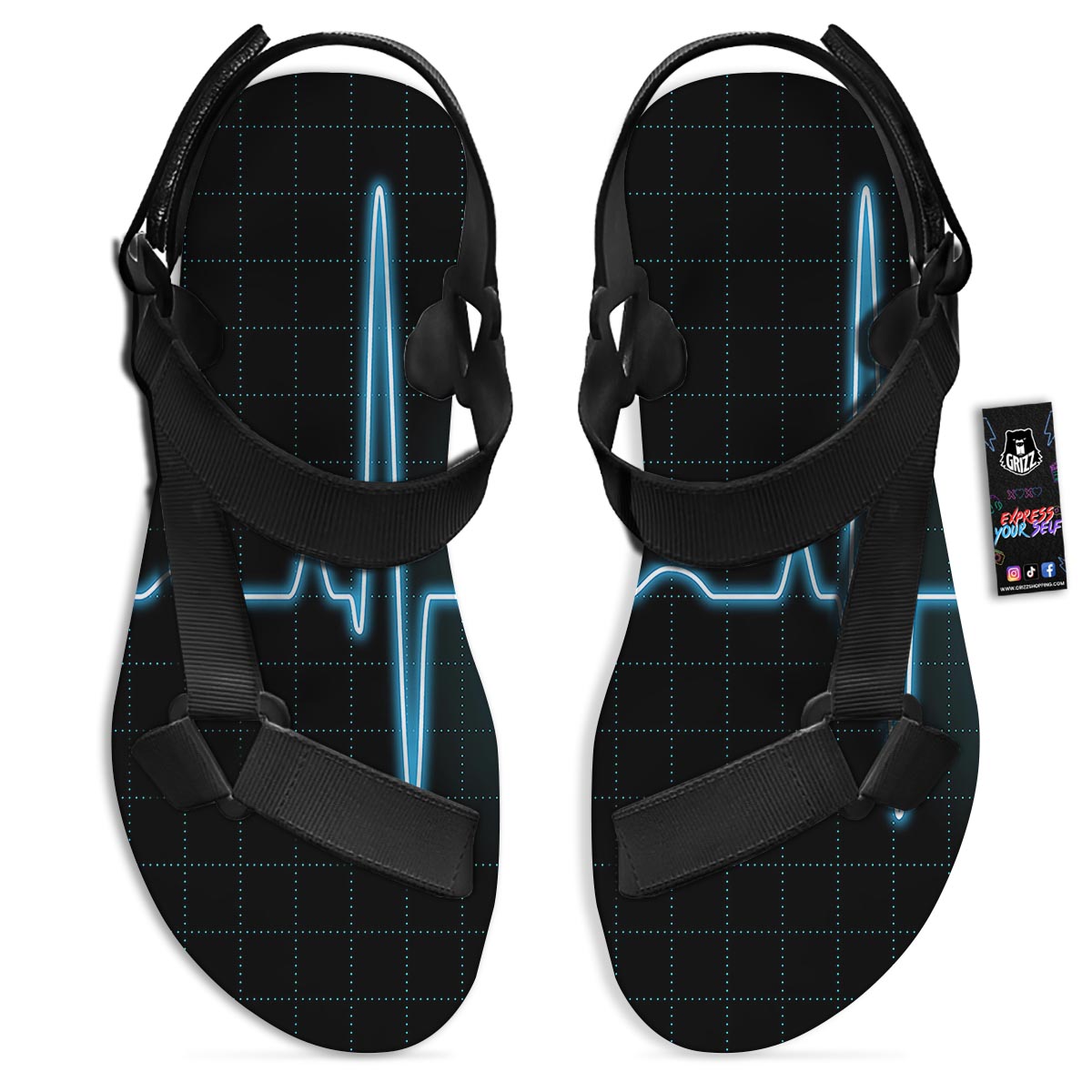 Heartbeat Teal Print Black Open Toe Sandals-grizzshop