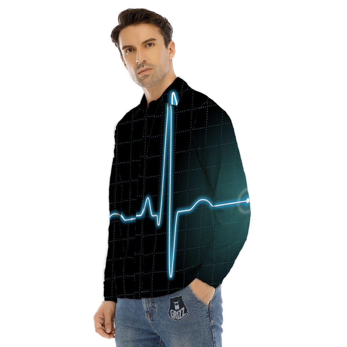 Heartbeat Teal Print Men's Dress Shirts-grizzshop
