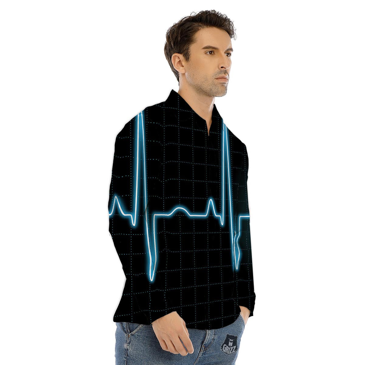Heartbeat Teal Print Men's Dress Shirts-grizzshop