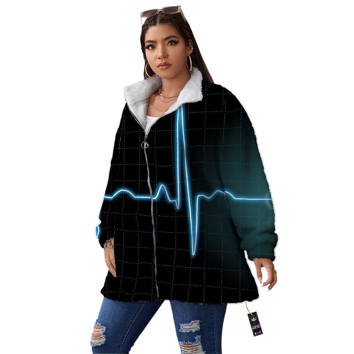 Heartbeat Teal Print Women's Sherpa Jacket-grizzshop