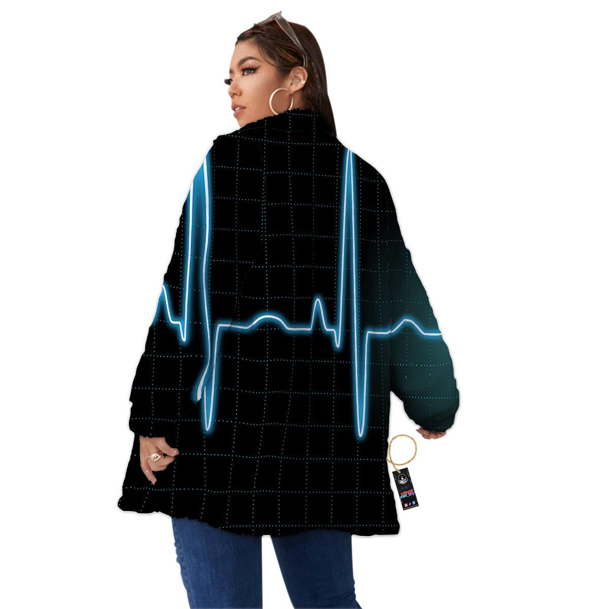 Heartbeat Teal Print Women's Sherpa Jacket-grizzshop