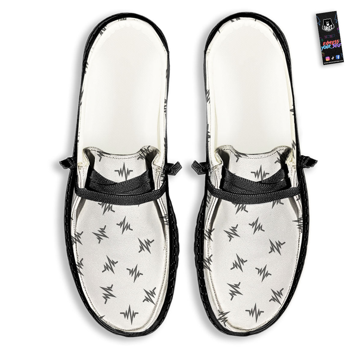 Heartbeat White And Black Print Pattern Black Loafers-grizzshop