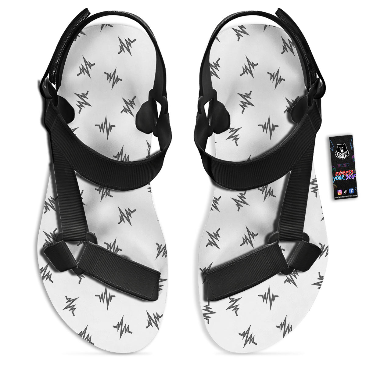 Heartbeat White And Black Print Pattern Black Open Toe Sandals-grizzshop