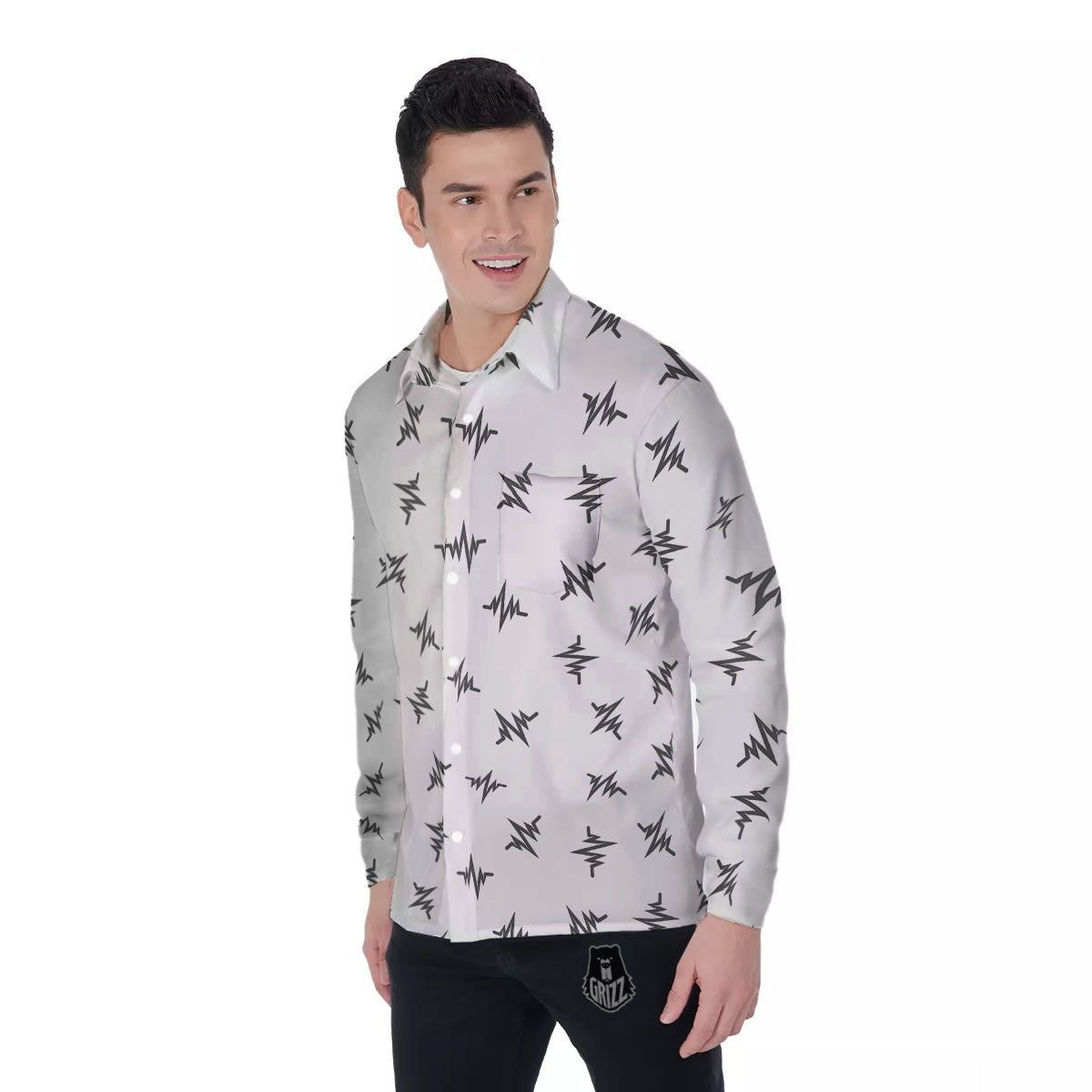 Heartbeat White And Black Print Pattern Men's Long Sleeve Shirts-grizzshop