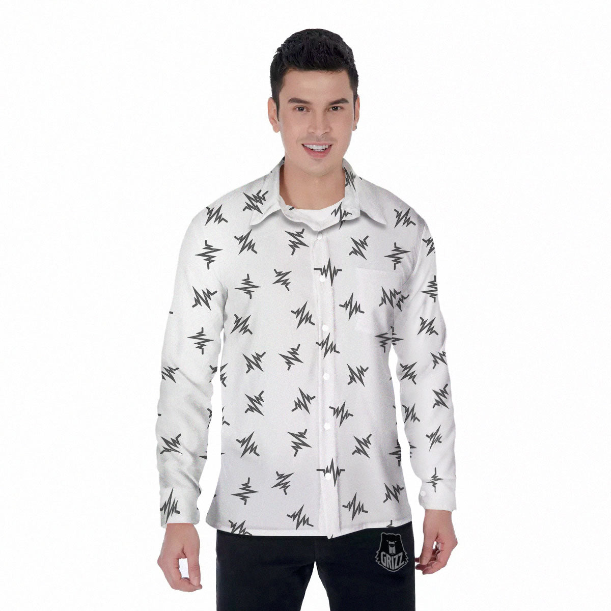 Heartbeat White And Black Print Pattern Men's Long Sleeve Shirts-grizzshop