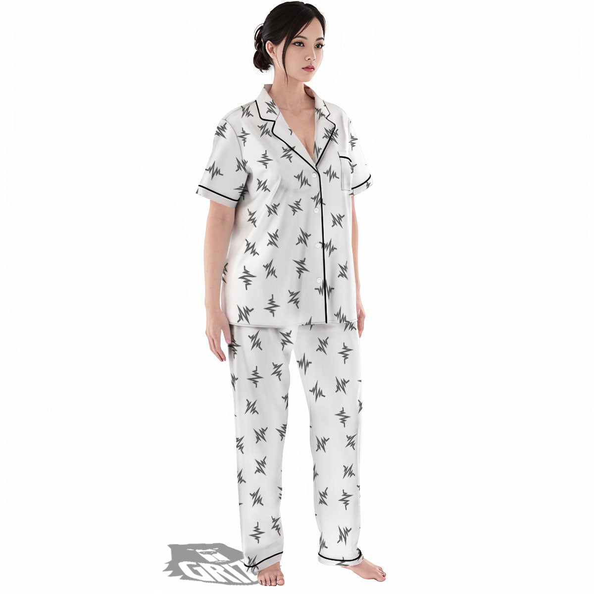 Heartbeat White And Black Print Pattern Women's Pajamas Set-grizzshop