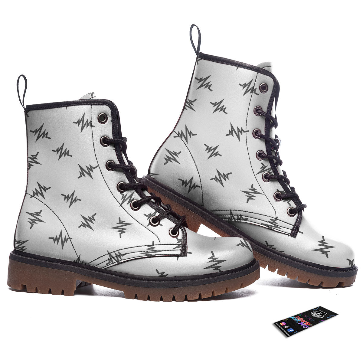 Heartbeat White And Black Print Pattern Work Boots-grizzshop