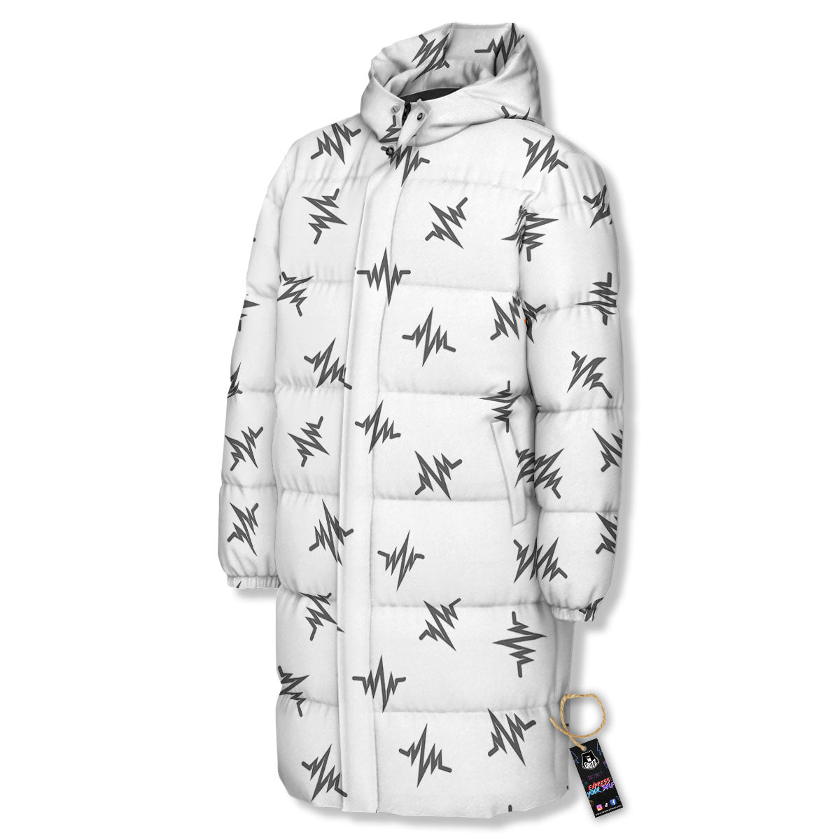 Heartbeat White And Black Print Pattern Long Down Jacket